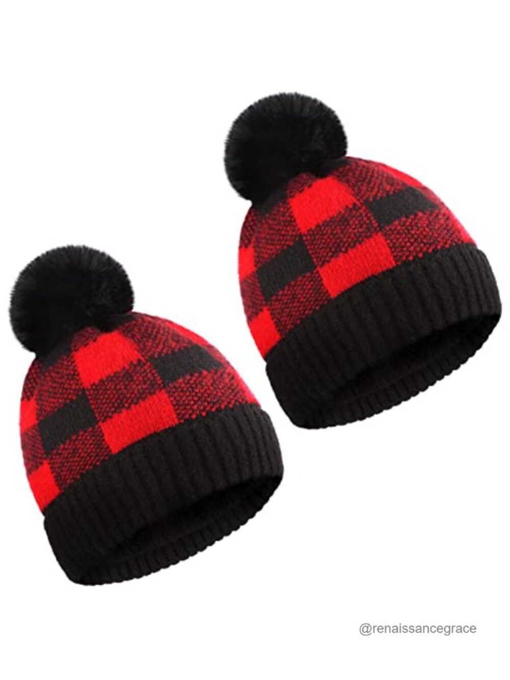 Buffalo Plaid Beanie Hat Pom Pom Faux Fur Winter Warm Knit Cap